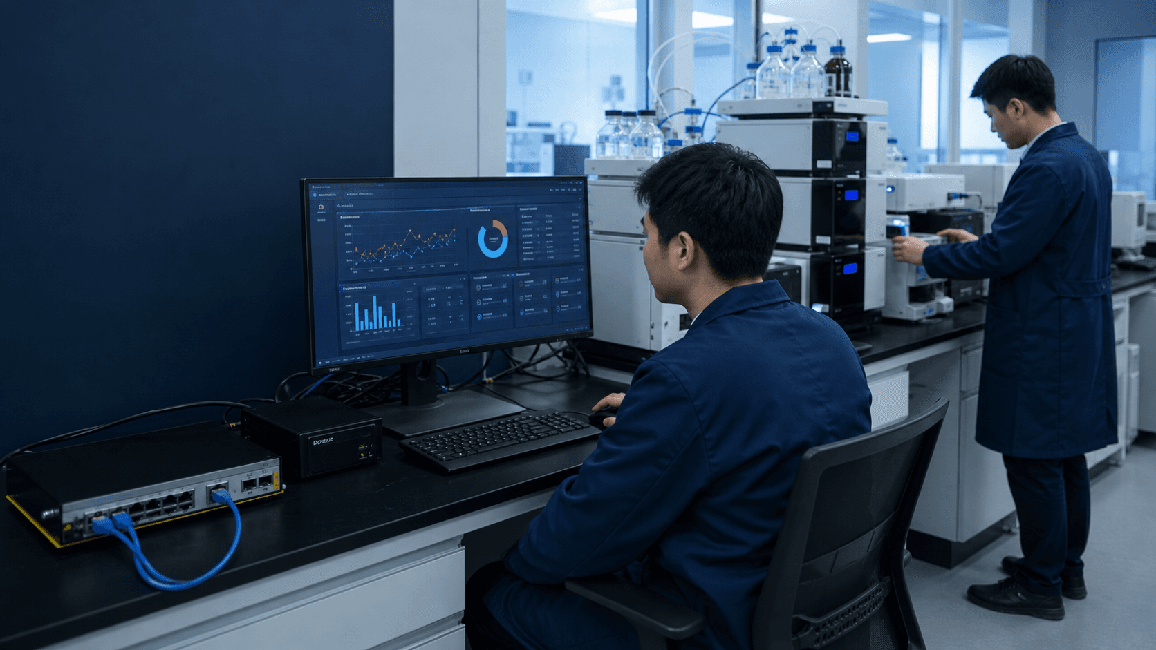 实验室工程师连接实验仪器并查看统一数据平台