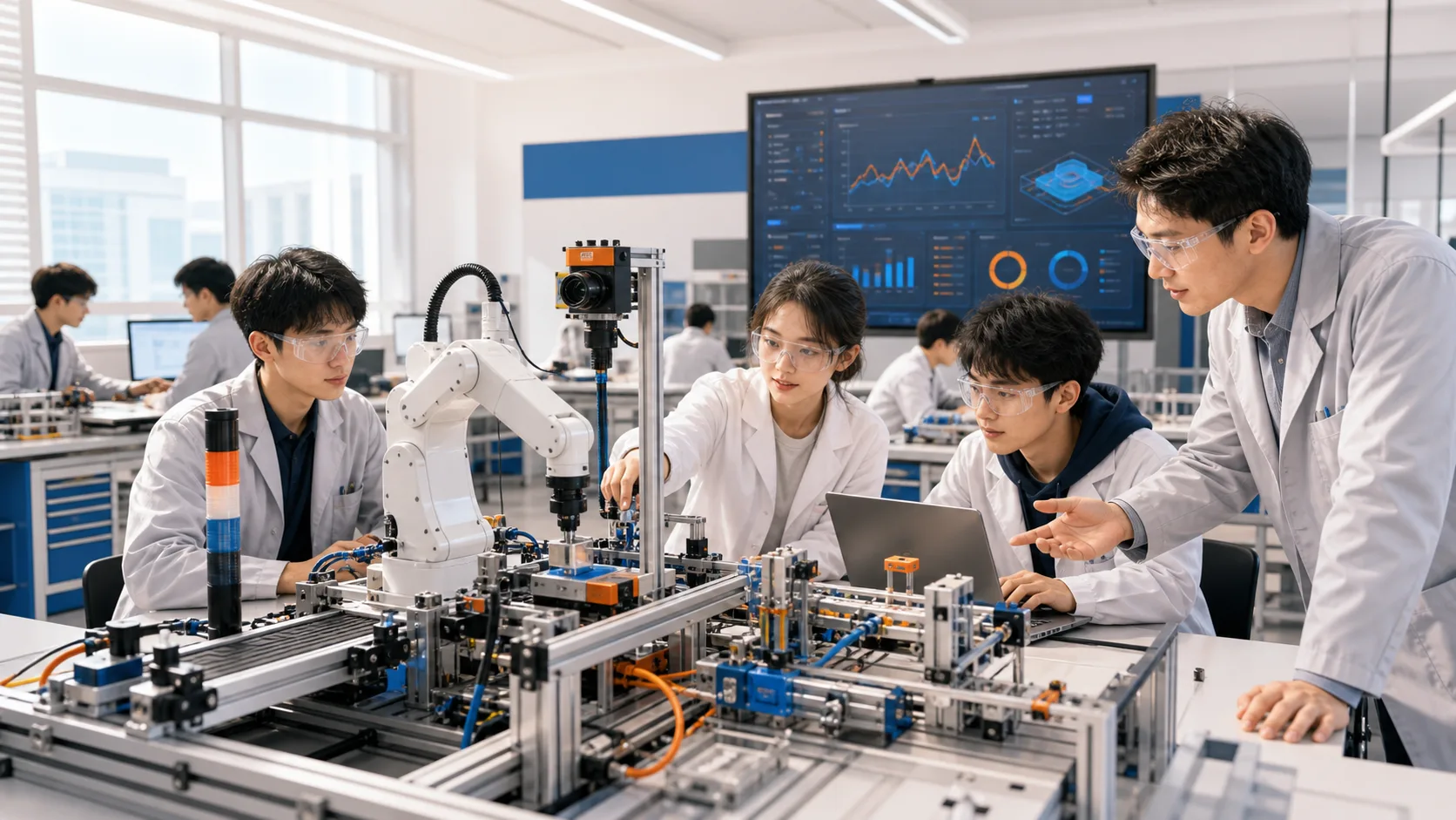 学生在教师指导下使用机器人和自动化实验平台